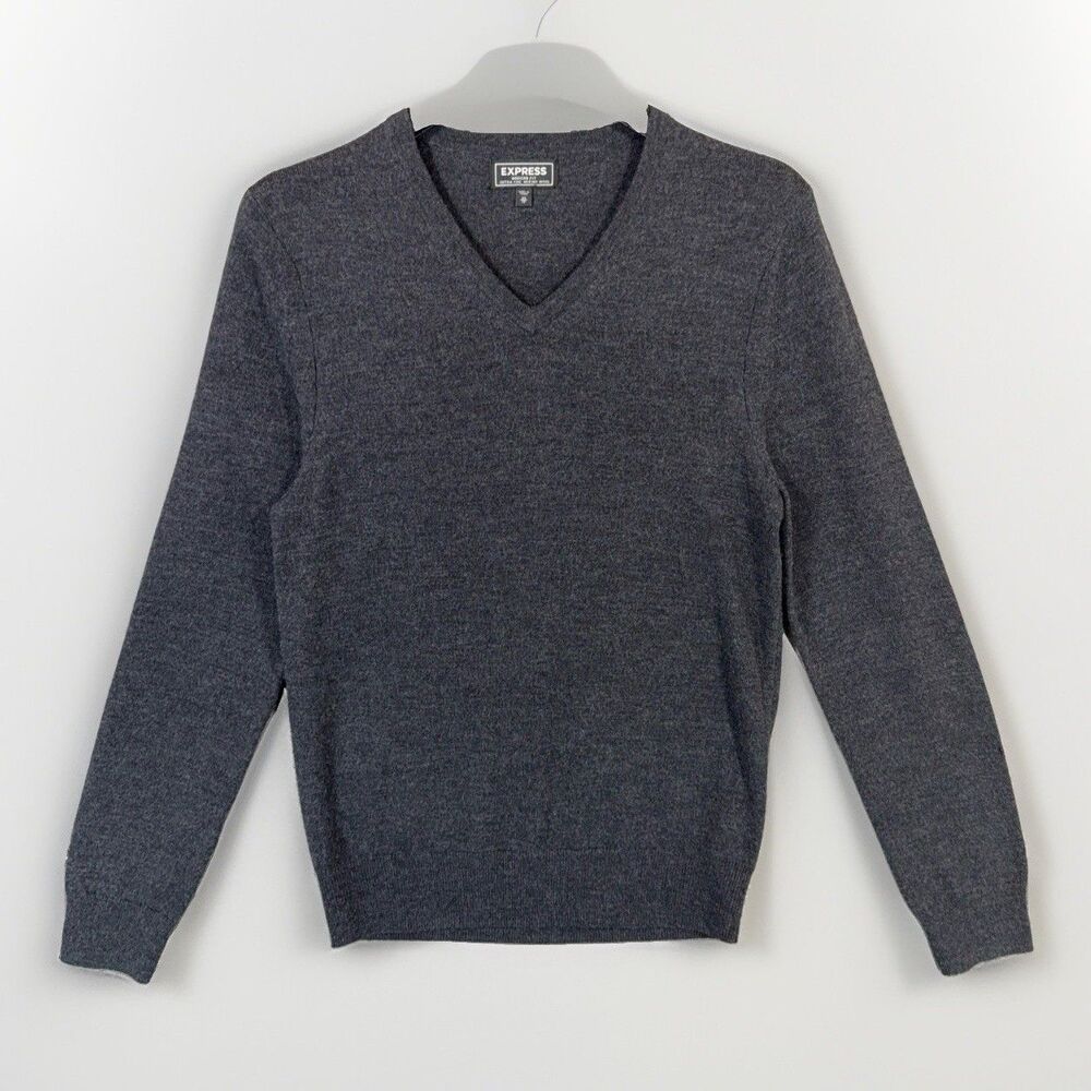 Express Sweater Modern Fit Extra Fine Merino Wool Mens XS Charcoal Gray V-Neck